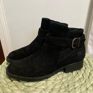 BORN Jorgette Black Distressed Suede Buckle Strap Booties